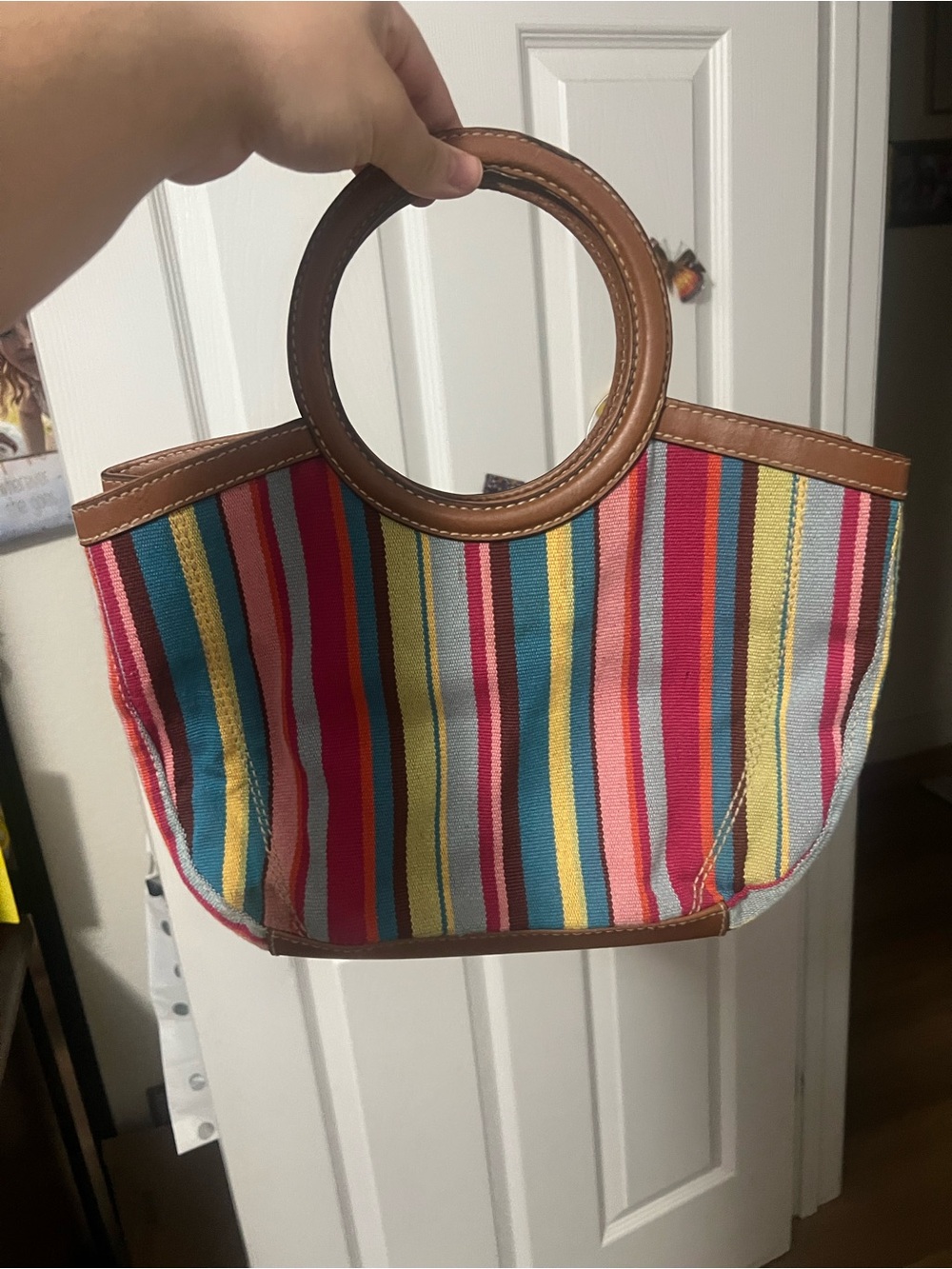 Fossil Striped Circle-Handle Tote Bag